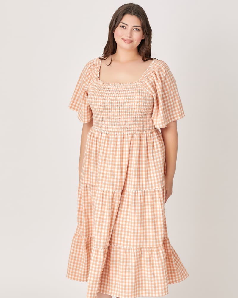 Front of a model wearing a size 3X Gingham Tiered Maxi Dress in ORANGE by Polagram. | dia_product_style_image_id:274775